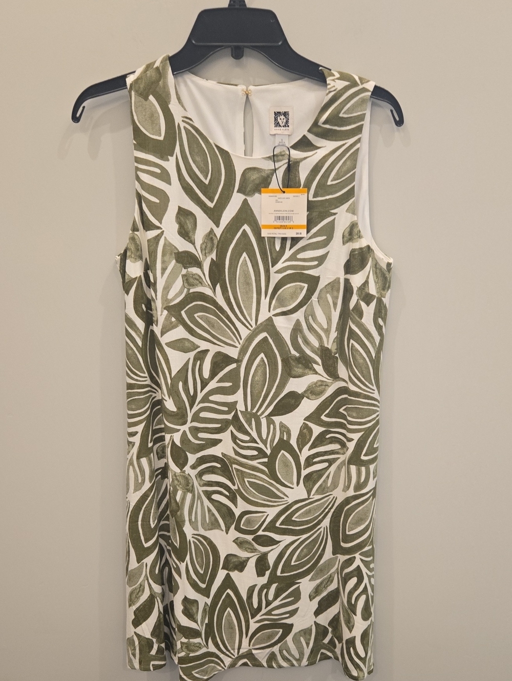 NWT Anne Klein White Dress with Olive Green Leaf Pattern. Fully Lined. Sz Small.
